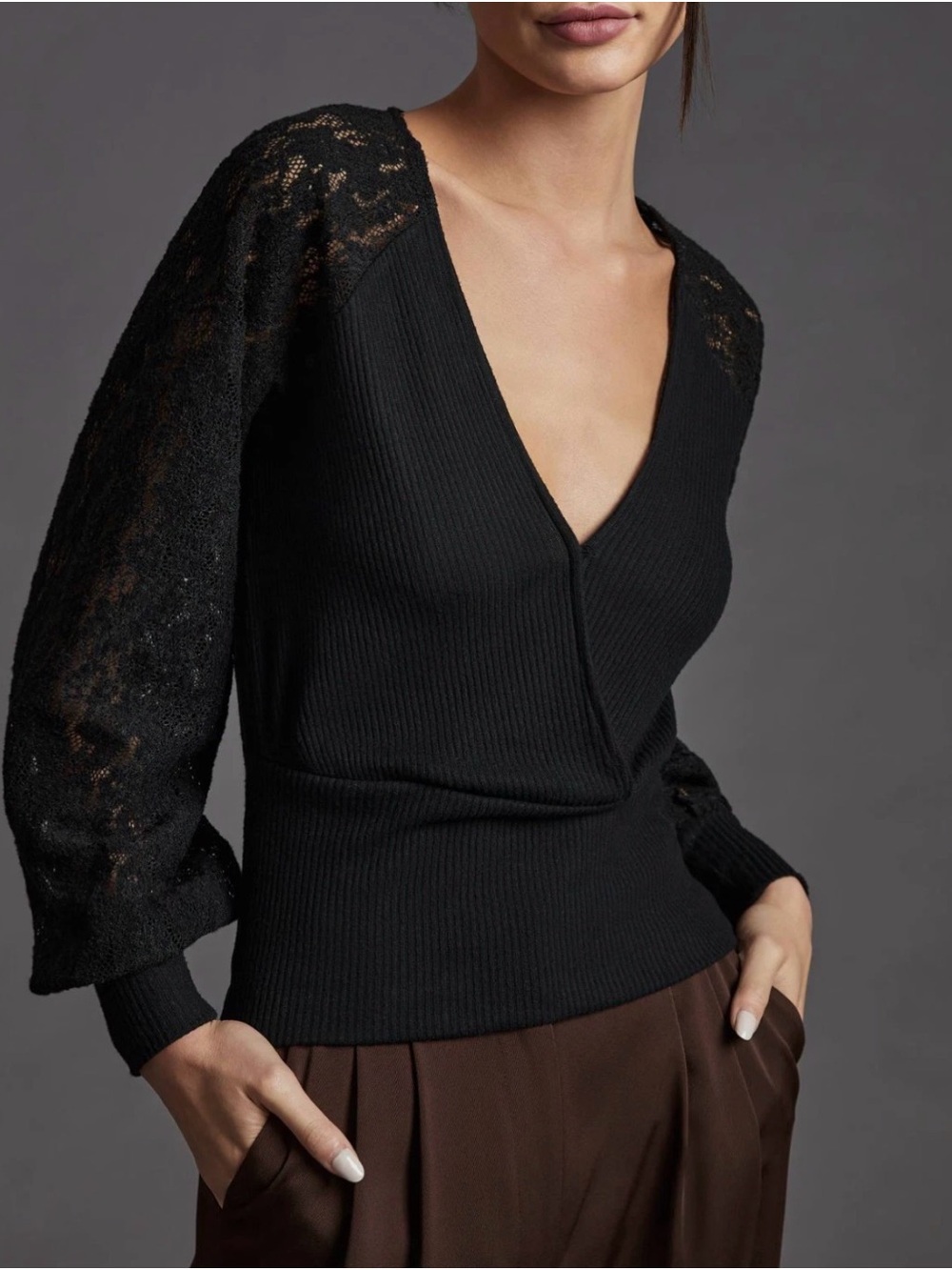 Anthropologie Women’s Black Lace-Sleeve V-Neck Sweater